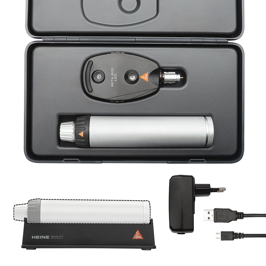 BETA 200 LED Ophthalmoskop Set 3,5 V mit BETA4 USB Ladegriff, USB Kabel, Steckernetzteil