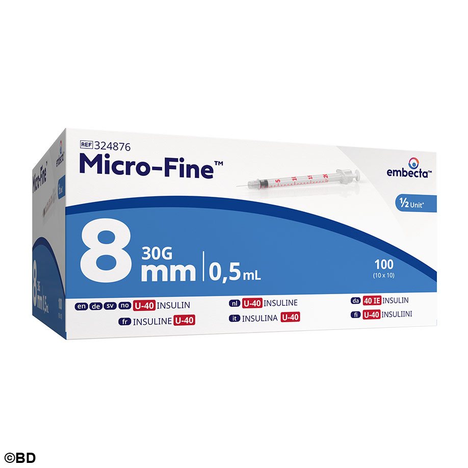 Micro-Fine+ Insulinspritzen 0,5 ml, U-40, mit Kanüle 0,30 x 8 mm (100 Stck.)