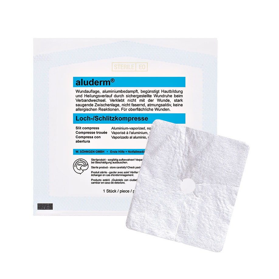 aluderm Loch-/Schlitzkompresse steril CH 32 - 50, 8 x 9 cm