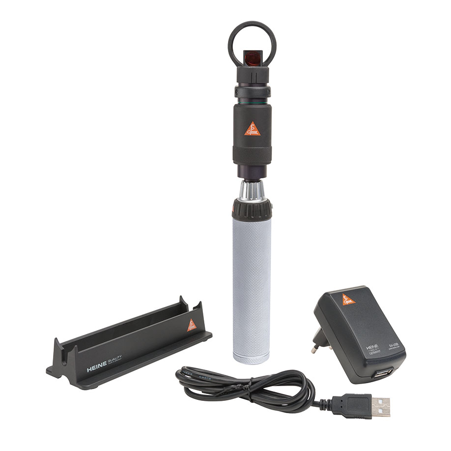 Indirektes Hand-Ophthalmoskop MONOKULAR mit BETA4 USB Ladegriff, Steckernetzteil, Griffablage