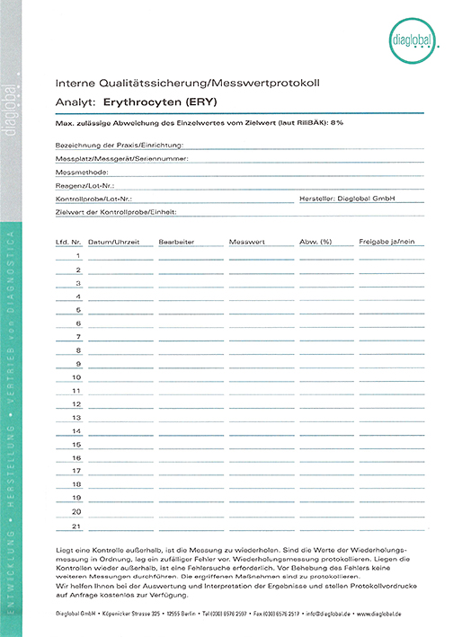 Protokollvordruck für Erythrocyten