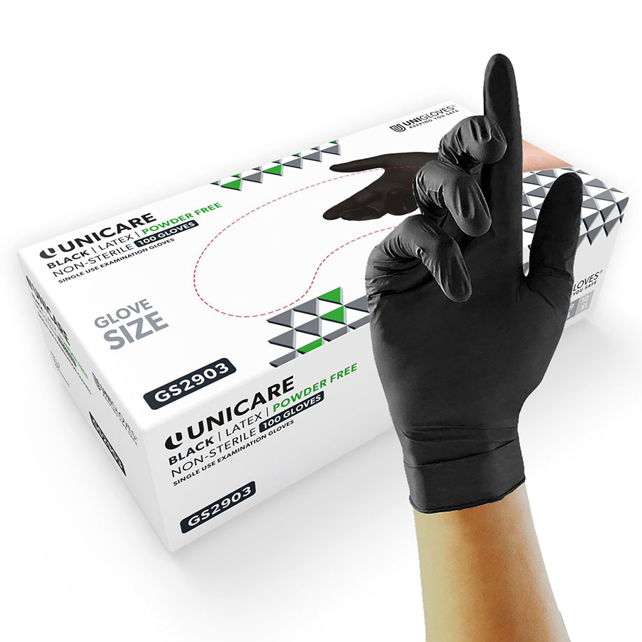 UNICARE BLACK LATEX U.-Handschuhe Gr. M, Latex unsteril puderfrei schwarz (100 Stck.)