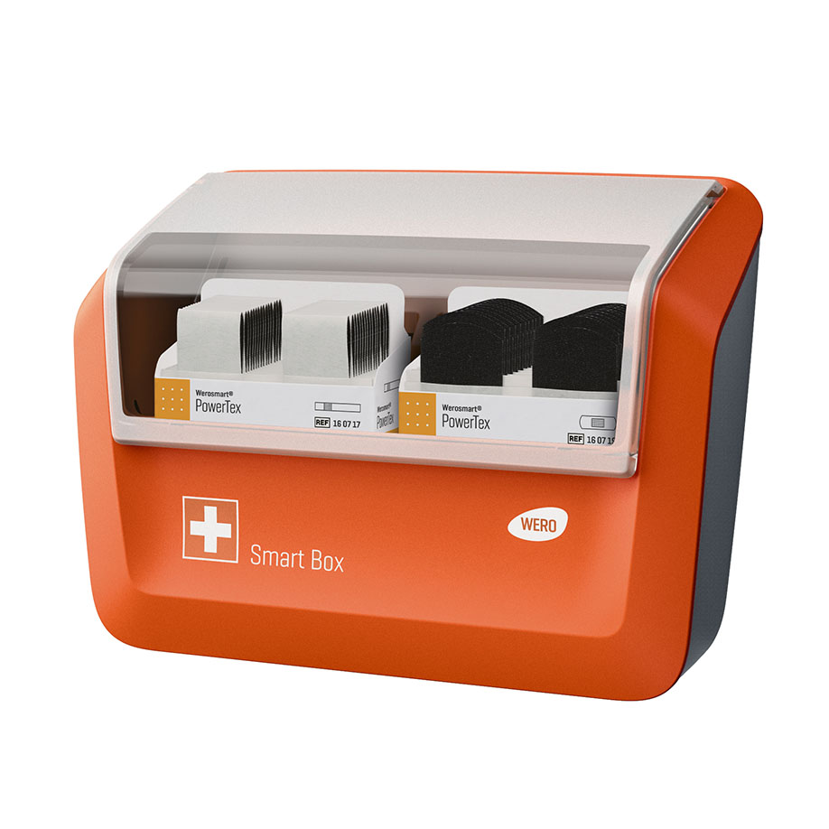 WERO Smart Box Pflasterspender, gefüllt mit Werosmart PowerTex Pflasterstrips und Fingerpflaster