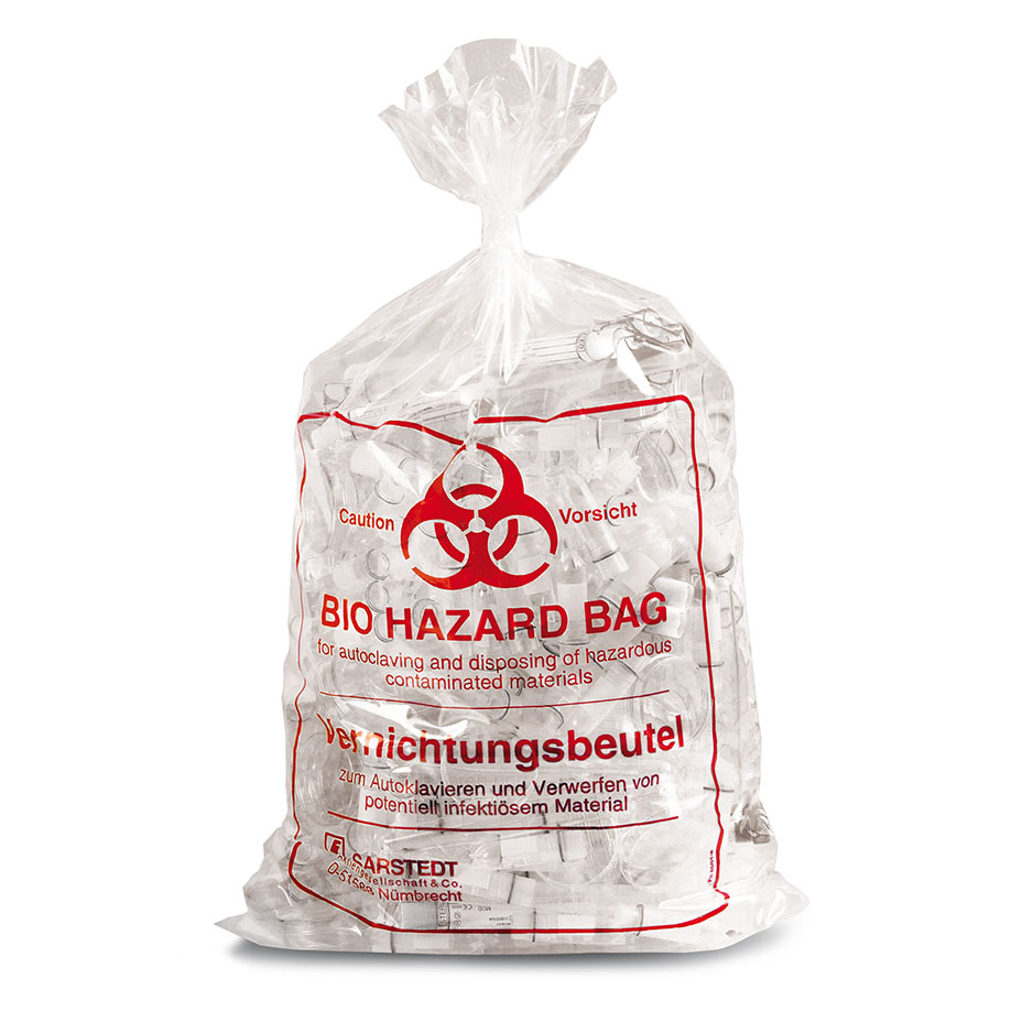 Vernichtungsbeutel 500 x 300 mm aus Polypropylen, transparent m. Biohazard Druck (50 Btl)